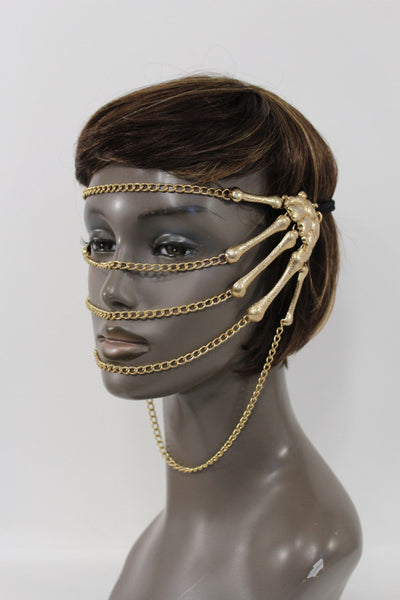 Gold Metal Head Chain Elastic Cover Face Mask Gold Skeleton Hand New Women Accessories