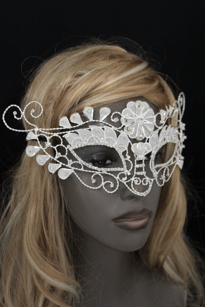 White Silver Leaves And Flower Back Tie Half Face Mask Halloween Carnival Costume Accessories