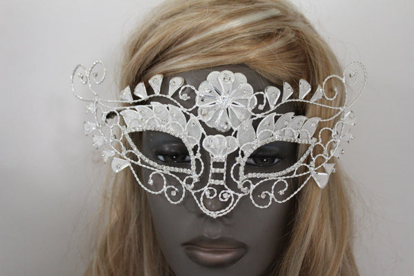 White Silver Leaves And Flower Back Tie Half Face Mask Halloween Carnival Costume Accessories