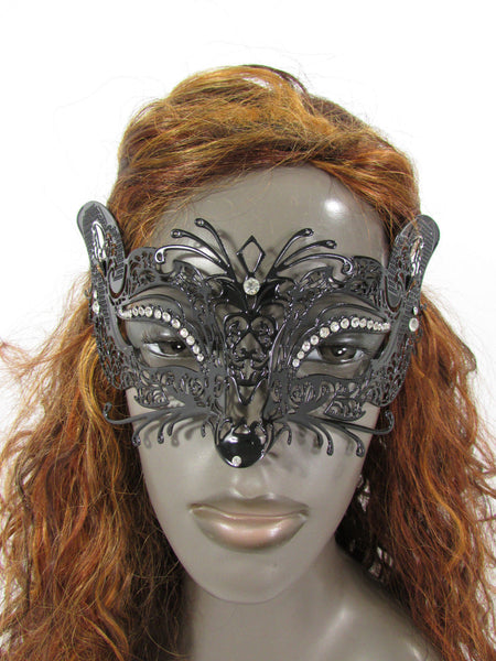 Black Metal Fox Face Multi Rhinestones Back Tie Women Halloween Carnival Accessories