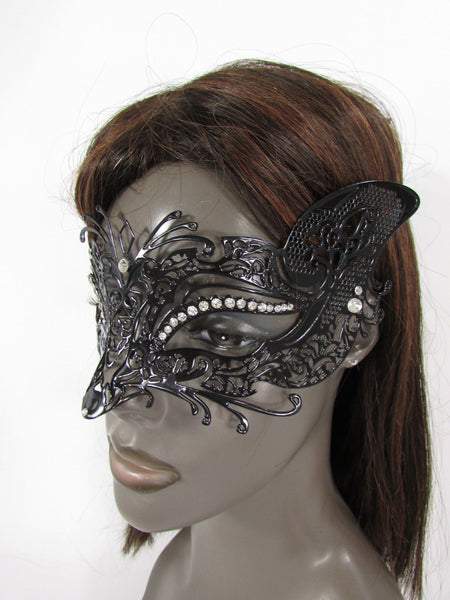 Black Metal Fox Face Multi Rhinestones Back Tie Women Halloween Carnival Accessories