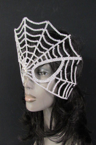 Silver Metal Full Big Spider Web Costume Face Mask Halloween Carnival Women Accessories