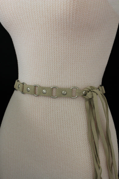 Ivory Beige Tie Hip High Waist Long Faux Suede Belt Silver Metal Rings New Women Fashion Accessories S M - alwaystyle4you - 10