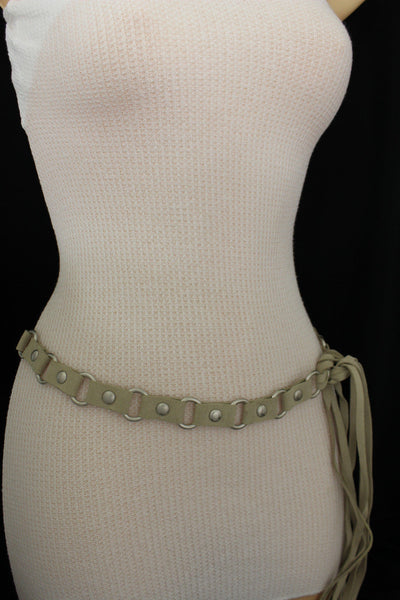 Ivory Beige Tie Hip High Waist Long Faux Suede Belt Silver Metal Rings New Women Fashion Accessories S M - alwaystyle4you - 12