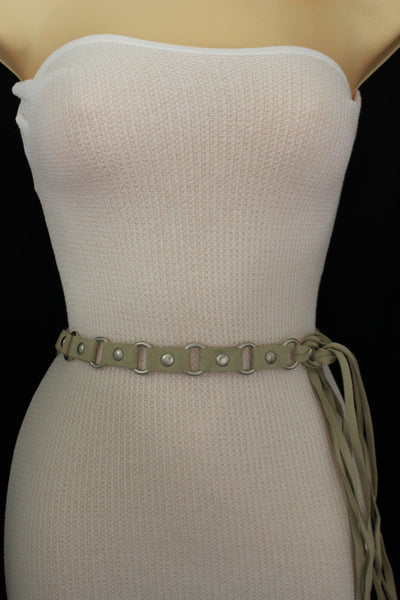 Ivory Beige Tie Hip High Waist Long Faux Suede Belt Silver Metal Rings New Women Fashion Accessories S M - alwaystyle4you - 3
