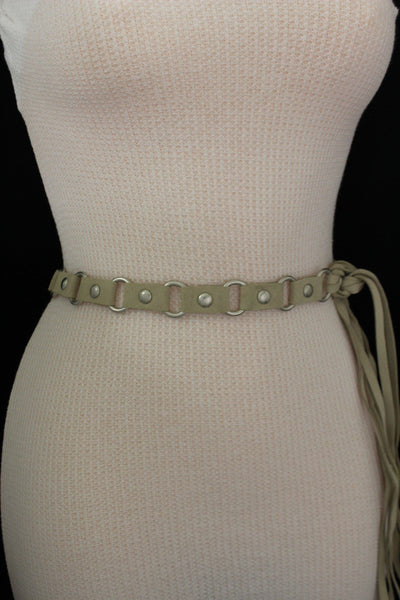 Ivory Beige Tie Hip High Waist Long Faux Suede Belt Silver Metal Rings New Women Fashion Accessories S M - alwaystyle4you - 6
