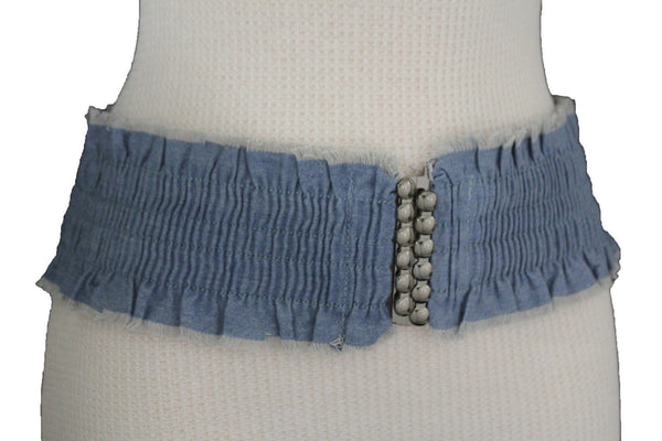 Black Light Blue Dark Blue Denim Stretch Elastic  Waist Belt Fringes Women Accessories S M