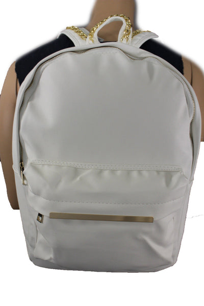 White Cream Faux Leather School Bag Back Pack Travel Gold Metal Chains Women Men