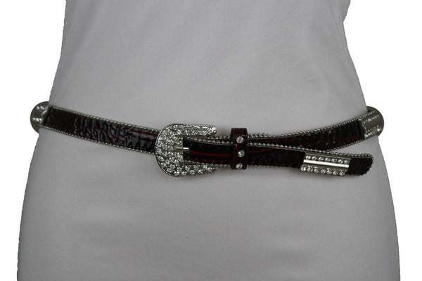 Women Red Black Faux Leather Narrow Waistband Western Fashion Belt Buckle S M