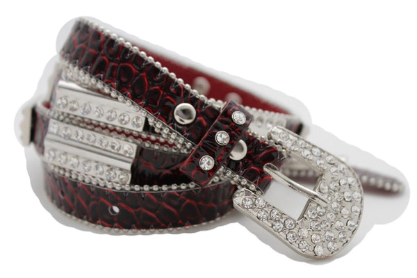 Women Red Black Faux Leather Narrow Waistband Western Fashion Belt Buckle S M