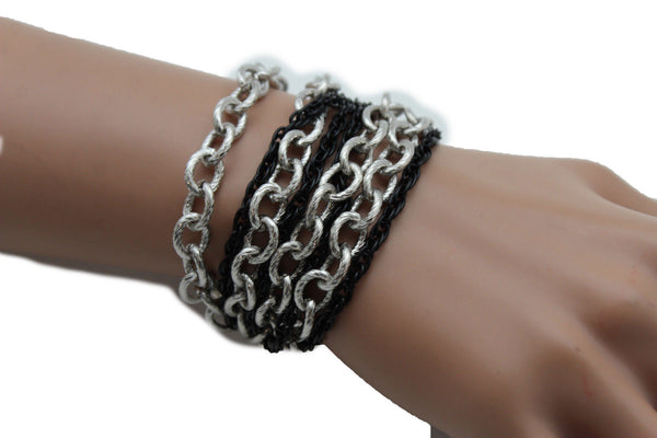 Silver Black Metal Chain Link Bracelet Thick Thin  8 Strand New Women Fashion Jewelry Accessories