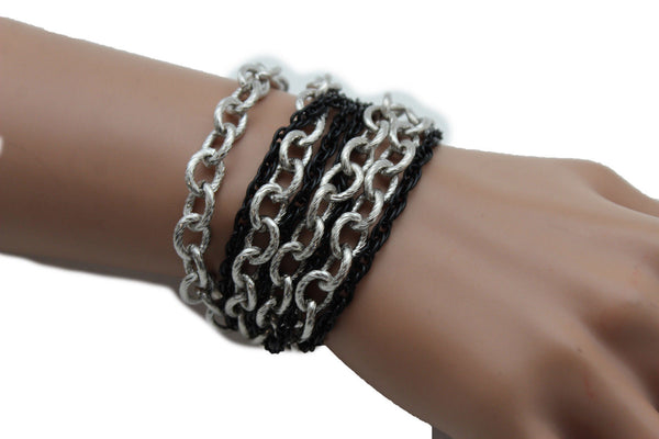 Silver Black Metal Chain Link Bracelet Thick Thin  8 Strand New Women Fashion Jewelry Accessories