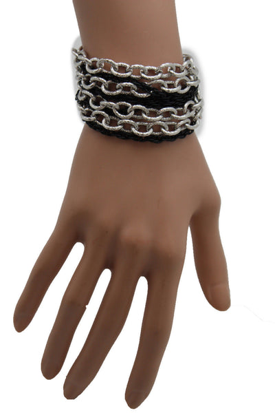 Silver Black Metal Chain Link Bracelet Thick Thin  8 Strand New Women Fashion Jewelry Accessories - alwaystyle4you - 2