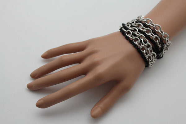 Silver Black Metal Chain Link Bracelet Thick Thin  8 Strand New Women Fashion Jewelry Accessories - alwaystyle4you - 6