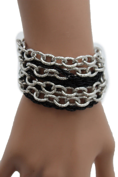 Silver Black Metal Chain Link Bracelet Thick Thin  8 Strand New Women Fashion Jewelry Accessories - alwaystyle4you - 7