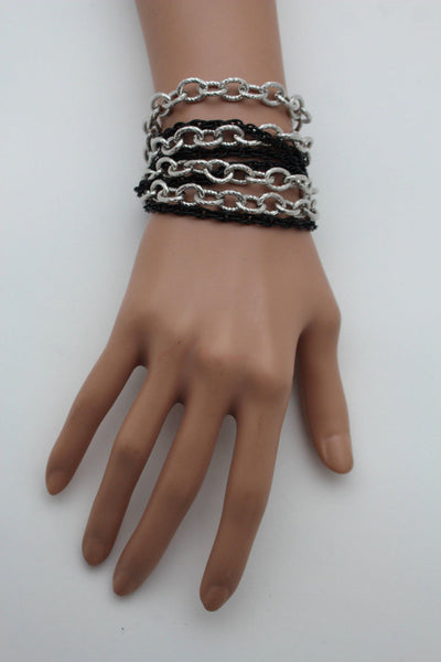 Silver Black Metal Chain Link Bracelet Thick Thin  8 Strand New Women Fashion Jewelry Accessories - alwaystyle4you - 9