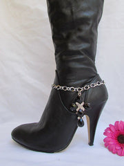 Silver Boot Metal Chain Strap Bling Big Cross Western Anklet Shoe Charm