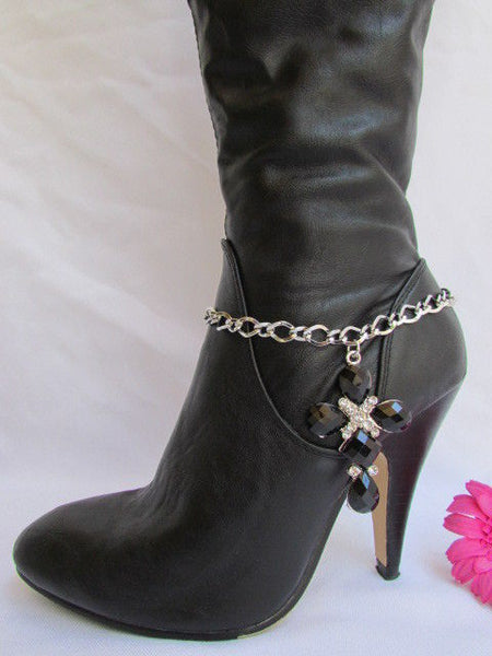 Silver Boot Metal Chain Strap Bling Big Cross Western Anklet Shoe Charm New Women Accessories