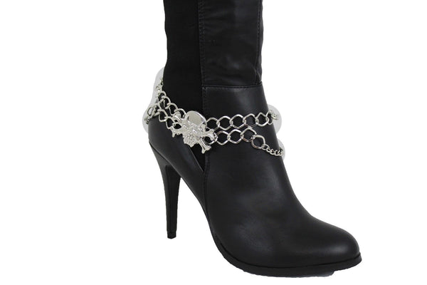 New Women Silver Chain Bracelet Boot Shoe Bling Anklet Skeleton Charm Skull Western Style
