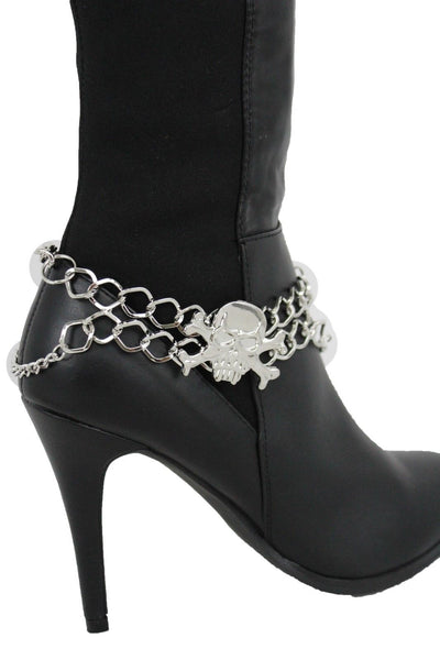 New Women Silver Chain Bracelet Boot Shoe Bling Anklet Skeleton Charm Skull Western Style