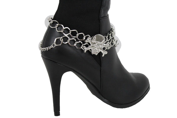 New Women Silver Chain Bracelet Boot Shoe Bling Anklet Skeleton Charm Skull Western Style