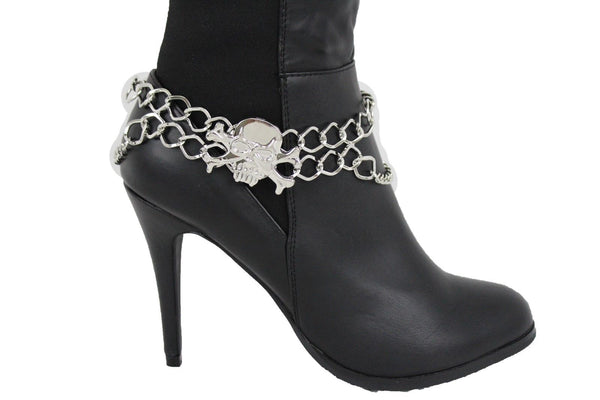 New Women Silver Chain Bracelet Boot Shoe Bling Anklet Skeleton Charm Skull Western Style