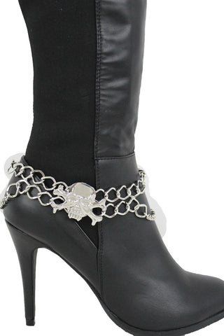 New Women Silver Chain Bracelet Boot Shoe Bling Anklet Skeleton Charm Skull Western Style