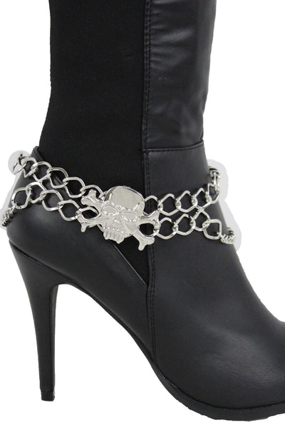 New Women Silver Chain Bracelet Boot Shoe Bling Anklet Skeleton Charm Skull Western Style