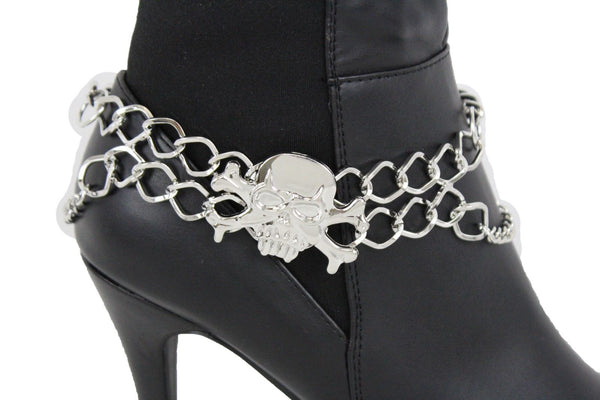 New Women Silver Chain Bracelet Boot Shoe Bling Anklet Skeleton Charm Skull Western Style