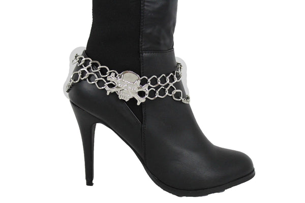 New Women Silver Chain Bracelet Boot Shoe Bling Anklet Skeleton Charm Skull Western Style