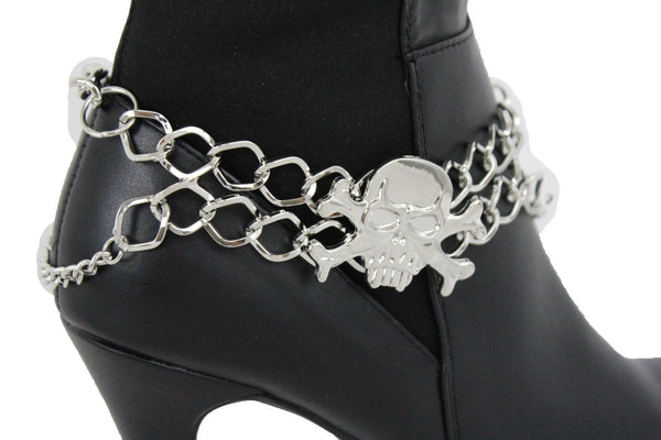 New Women Silver Chain Bracelet Boot Shoe Bling Anklet Skeleton Charm Skull Western Style