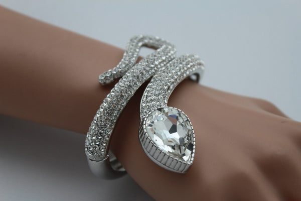 Silver Metal Cuff Bracelet Wrap Around Snake Larg Rhinestones Head New Women Fashion Jewelry Accessories - alwaystyle4you - 11