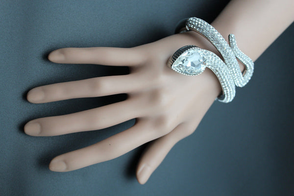 Silver Metal Cuff Bracelet Wrap Around Snake Larg Rhinestones Head New Women Fashion Jewelry Accessories - alwaystyle4you - 12