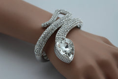 Silver Metal Cuff Bracelet Wrap Around Snake Larg Rhinestones Head New Women Fashion Jewelry Accessories - alwaystyle4you - 1