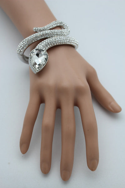 Silver Metal Cuff Bracelet Wrap Around Snake Larg Rhinestones Head New Women Fashion Jewelry Accessories - alwaystyle4you - 2