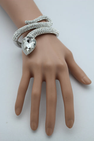 Silver Metal Cuff Bracelet Wrap Around Snake Larg Rhinestones Head New Women Fashion Jewelry Accessories - alwaystyle4you - 2