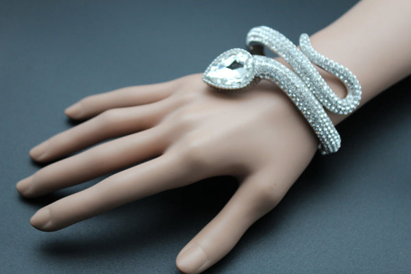 Silver Metal Cuff Bracelet Wrap Around Snake Larg Rhinestones Head New Women Fashion Jewelry Accessories - alwaystyle4you - 3