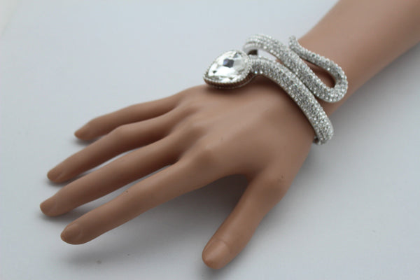 Silver Metal Cuff Bracelet Wrap Around Snake Larg Rhinestones Head New Women Fashion Jewelry Accessories - alwaystyle4you - 5