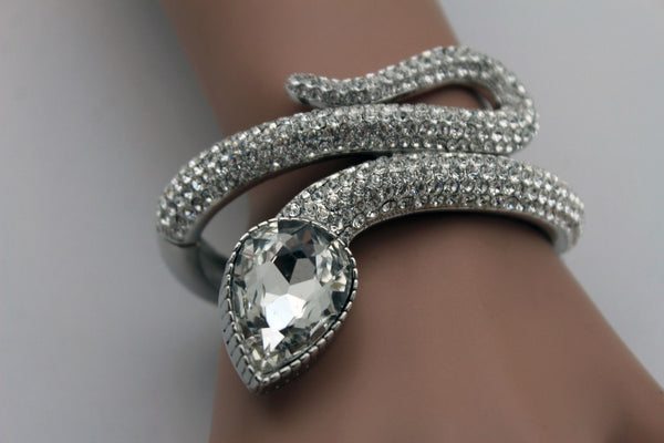 Silver Metal Cuff Bracelet Wrap Around Snake Larg Rhinestones Head New Women Fashion Jewelry Accessories - alwaystyle4you - 6
