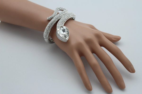 Silver Metal Cuff Bracelet Wrap Around Snake Larg Rhinestones Head New Women Fashion Jewelry Accessories - alwaystyle4you - 8