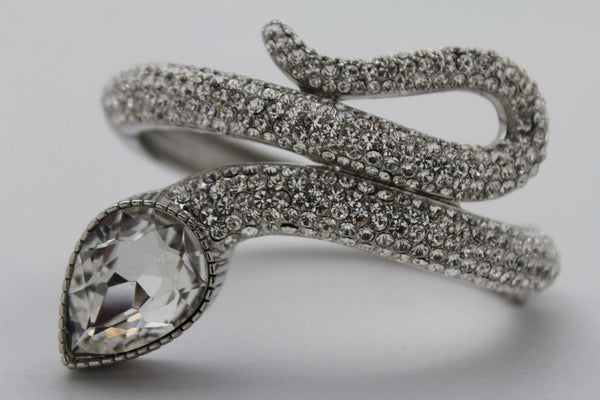 Silver Metal Cuff Bracelet Wrap Around Snake Larg Rhinestones Head New Women Fashion Jewelry Accessories - alwaystyle4you - 10