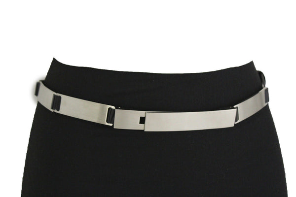 Silver Metal Multi Plates Hip Waist Narrow Skinny Belt Long Buckle New Women Fashion Accessories S M