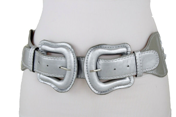 Women Dark Purple Green Red Silver Stretch Belt Eggplant Hip Waist Faux Leather 2 Buckle M L