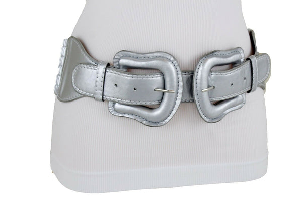 Women Dark Purple Green Red Silver Stretch Belt Eggplant Hip Waist Faux Leather 2 Buckle M L