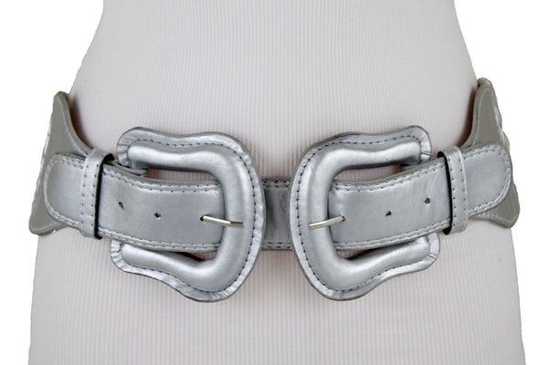 Women Dark Purple Green Red Silver Stretch Belt Eggplant Hip Waist Faux Leather 2 Buckle M L
