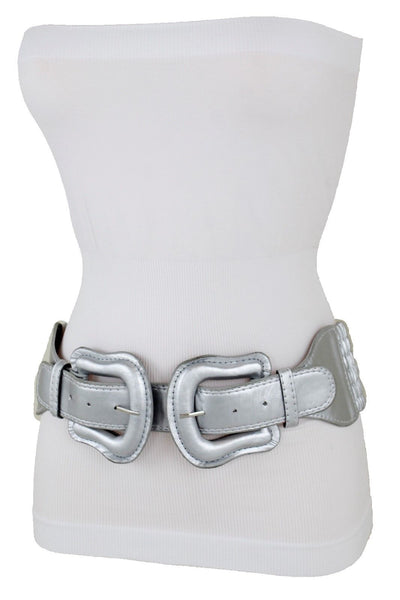 Women Dark Purple Green Red Silver Stretch Belt Eggplant Hip Waist Faux Leather 2 Buckle M L