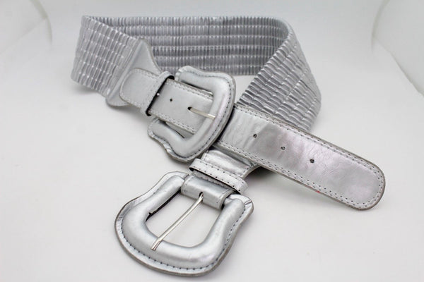 Women Dark Purple Green Red Silver Stretch Belt Eggplant Hip Waist Faux Leather 2 Buckle M L