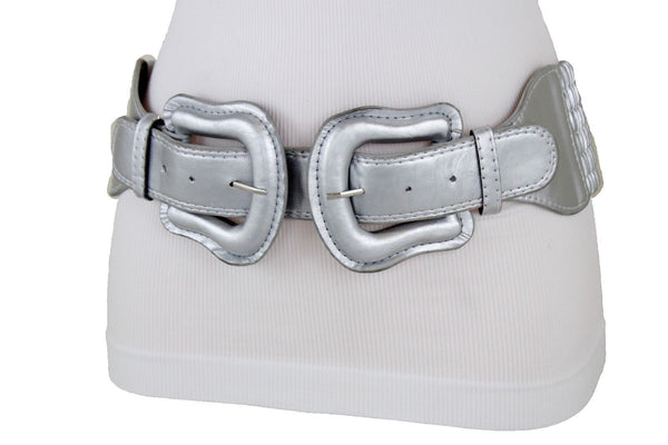 Women Dark Purple Green Red Silver Stretch Belt Eggplant Hip Waist Faux Leather 2 Buckle M L