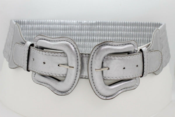 Women Dark Purple Green Red Silver Stretch Belt Eggplant Hip Waist Faux Leather 2 Buckle M L