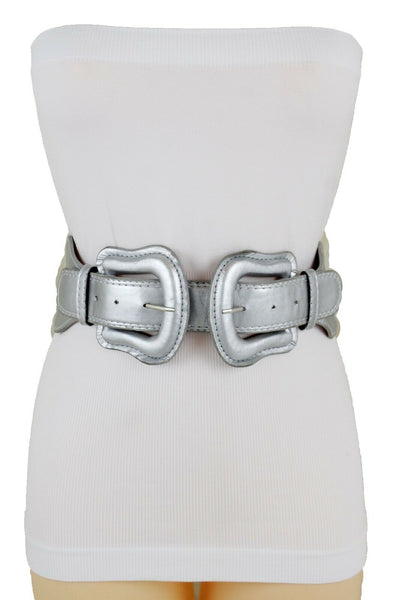 Women Dark Purple Green Red Silver Stretch Belt Eggplant Hip Waist Faux Leather 2 Buckle M L
